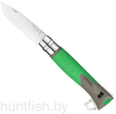 Нож Opinel серии Specialists EXPLORE №12 клинок 10см,нерж.сталь,пластик,свисток,огниво,стропорез,зелен/серый